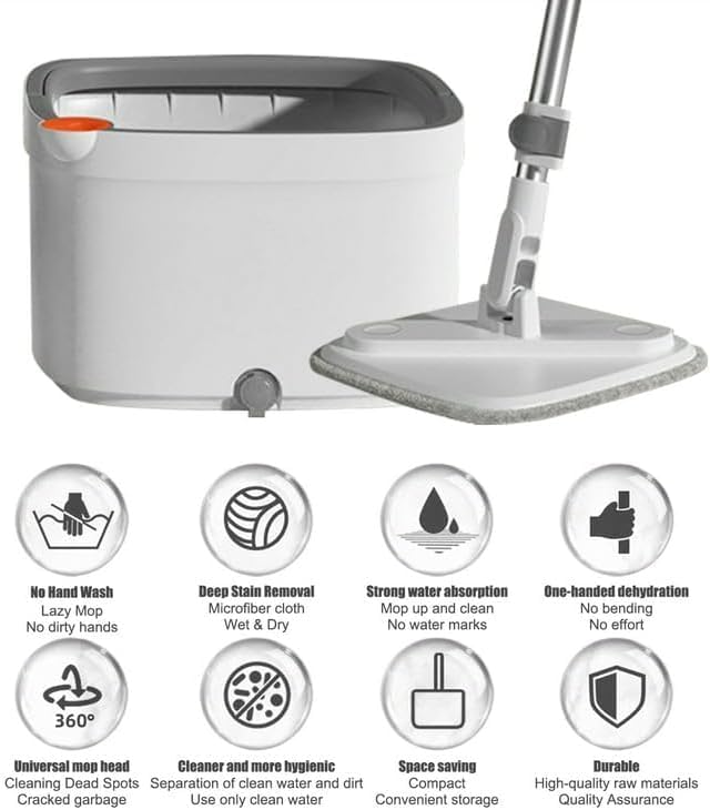 PIKFOS M16 Spin Mop and Bucket Set with Self Separation M16 Dirty and Clean Water System Self Wringing 360° Rotating Square Mop-Head for Hardwood Tile Marble Floors || 2 Pads 1