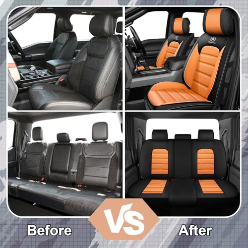 Image of Full Set Car Seat Covers for Ford F-150 F-250 F-350 XL XLT STX Lariat King Ranch Platinum Raptor Seat Covers 2007-2026, Waterproof Seat Protectors(Standard 5 Seats /Black&Orange)