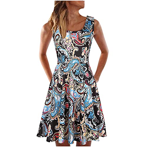 Summer Casual Dress for Women Beach Vacation, Trendy Floral Print Sleeveless Sundress Comfy Round Neck Skater Mini Dress