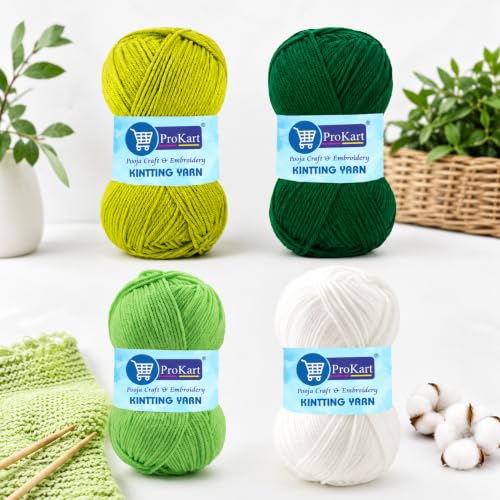 Image of ProKart - 4 Ply Plush & Cuddly for Knitting & Crochet | Pastel Yarn for Baby Toys & DIY Crafts | 100g, Pack of 4 (Dark Green, Gold Green, Light Green, White)