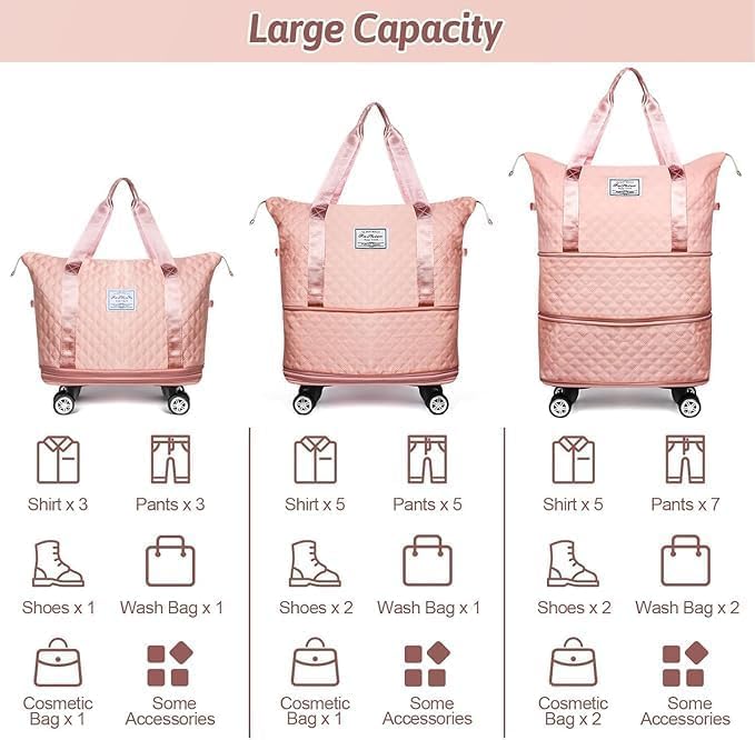 Image of HAKKU 2 Layer Nylon Duffle Trolley Bag for Traveling /Extendable Luggage with 4 Wheels /Waterproof Travel Bag /Convertible Luggages for Men and Women /Travelling Bags (Texture with Wheel, Peach)