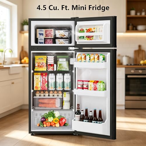 Image of 4.5 Cu.Ft Mini Fridge with Freezer, 2 Door Compact Refrigerator, Small Fridge with Adjustable Thermostat Energy Ultra Quiet, Mini Fridge Removable Glass Shelves for Bedroom Office Dorm-Satin Black