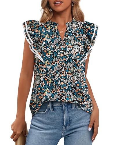 BTFBM Womens Tops Dressy Casual 2026 Spring Summer Shirts Boho Floral V Neck Ruffle Cap Sleeve Business Work Blouses(Floral Black Blue, Medium) BTFBM Womens Tops Dressy Casual 2026 Spring Summer Shirts Boho Floral V Neck Ruffle Cap Sleeve Business Work Blouses(Floral Black Blue, Medium)