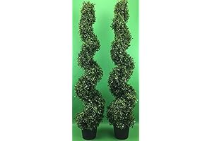 Two 4 Foot Outdoor Artificial Boxwood Spiral Topiary Trees UV Rated Plants