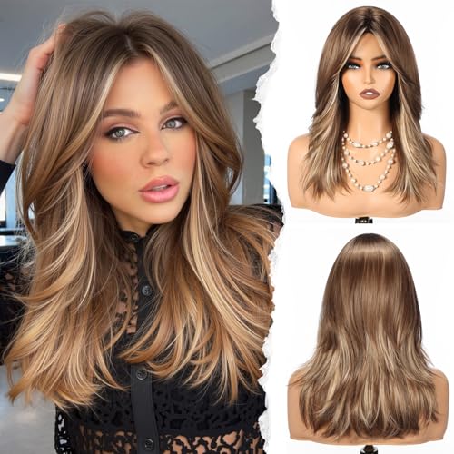 HAIRCUBE Long Synthetic Wig for Women Heat Resistant Natural Looking Hair with Bangs Perfect for Daily Use Party & Cosplay (Brown with Highlights)