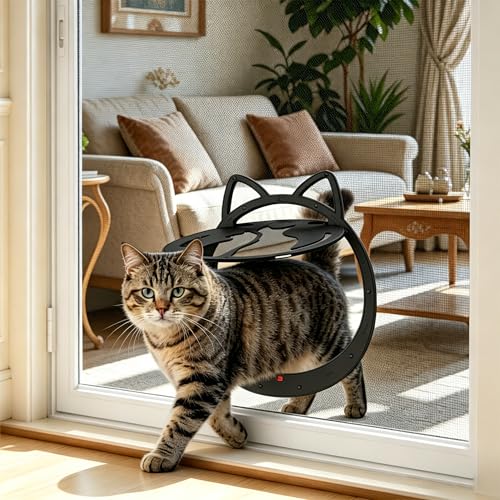 Cat Door for Screen Door Lockable Cat Screen Door for Cats & Small Dogs Up to 18 lbs Inside Openning 10x10x0.5 inch Magnetic Flap for Doggy and Cat Door Black