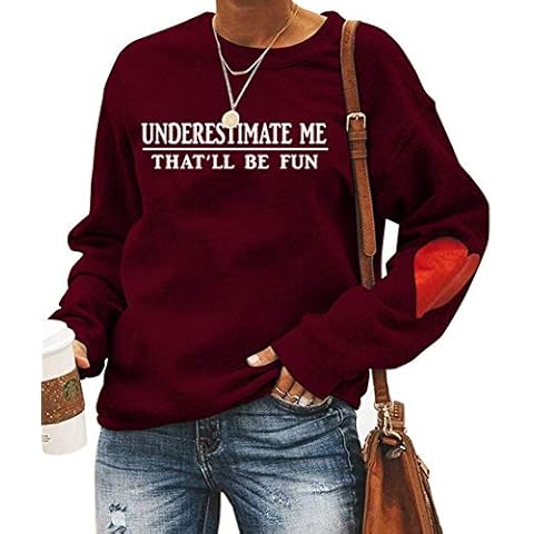 Women Underestimate Me That'll Be Fun Sweatshirt Ladies Letter Print Cozy Graphic Pullover Tops, Red, Medium Cover