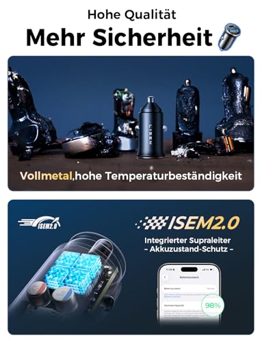 LISEN 54W Zigarettenanzünder USB C, PD&QC3.0 Auto Ladegerät KFZ, 12V USB Adapter Auto Zigarettenanzünder Steckdose für iPhone 17 Pro Max Air, Galaxy S25 Ultra, Xiaomi 15 und mehr