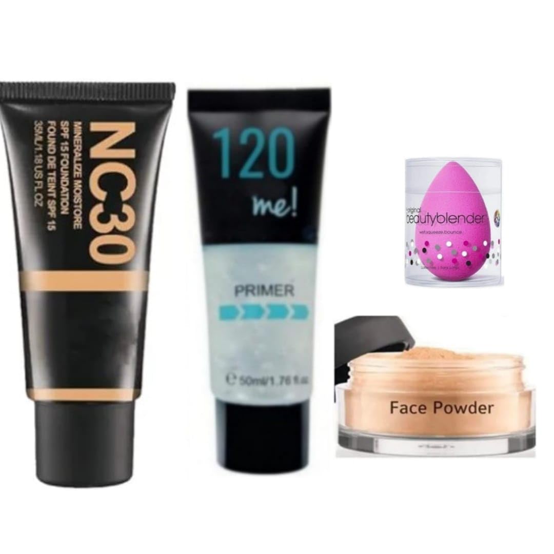 Magic Huda Oil Control Silk Foundation,Face Primer,Face Loos Powder with Beauty Blender Pack of-4