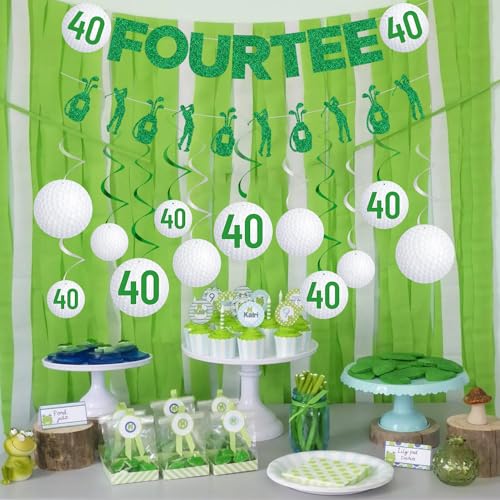 Image of Gameza 40th Birthday Party Decorations, 14PCS Golf Birthday Banner Hanging Swirls Decoration Women Men, Glitter Fourtee Theme Bday Party Decor Supplies