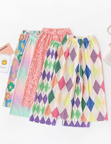Image of Kiench Girls Wide Leg Palazzo Pants Pleated Silky Flowy Trousers Cute Print