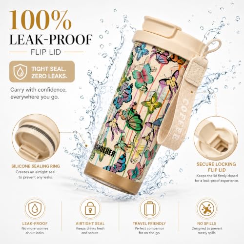 Image of Vasukie Stainless Steel Coffee Tumbler with Carrying Strap, Aesthetic Cream Butterfly & Floral Travel Mug, Leakproof Water Bottle for Women & Girls (500ML)