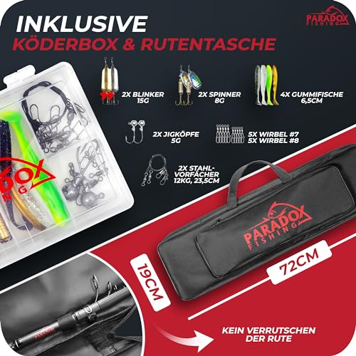 Paradox Fishing Angelruten Set zum Spinnfischen 2,1m Wg. 10-30g I Teleskop-Rute mit Rolle, Ködern, Angelzubehör und Angel-Tasche I Angel Set – Angel-Set komplett