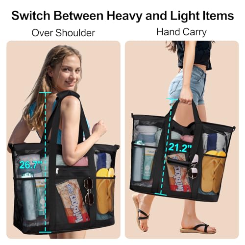 Image of Beach Bag, F-color Mesh Beach Bag Oversized Beach Tote 8 Pockets Beach Toy Bag Lightweight Beach Tote Bag for Women Picnic Travel
