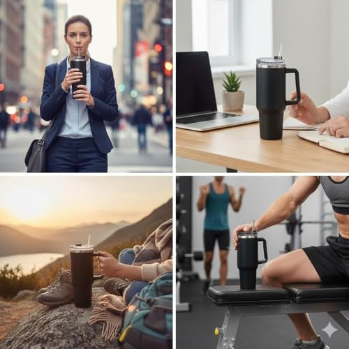 Image of Double Wall Insulated Stainless Steel Tumbler with Handle 1200ml | Leakproof Travel Mug with Straw | Hot & Cold Beverage Flask | Easy Carry (Multicolour)