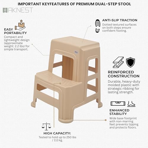 Image of Oaknest Supreme Multipurpose Plastic 2-Step Stool for Kids & Adults - Anti-Slip Lightweight Stepping Stool for Kitchen, Bathroom & Home - Marble Beige, 2 Piece