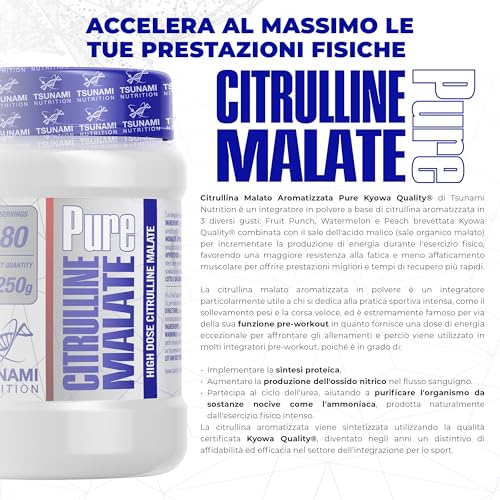 Tsunami Nutrition Citrullina Malato Aromatizzata Pure Kyowa Quality, Polvere, 80 Dosi, Pesca, Integratore Pre-Workout, 250G, Senza Glutine, Senza Lattosio (250G, Watermelon) - 3