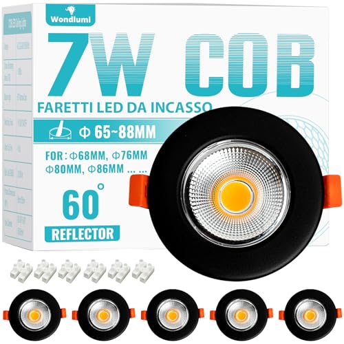 Wondlumi 6x 7W Faretti LED da Incasso per Cartongesso Nero,600LM Foro 65-85mm Luce Naturale 4000K per Cucina,Interno,Faretti Led Soffitto COB 220V Equivalenti a 65W