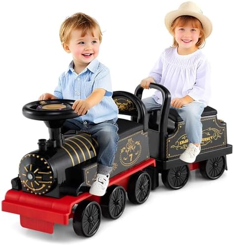 COSTWAY Train électrique Enfant 2 Places – Locomotive + Wagon – 6V – 2,6 Km/h – 18 Mois+