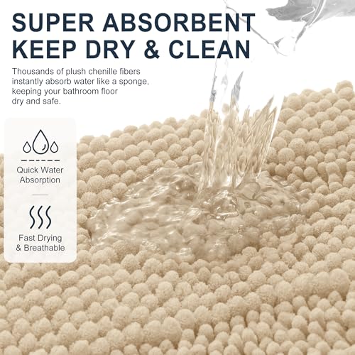 Image of Smiry Thick Chenille Large Bathroom Rugs 40x24, Extra Soft Absorbent Striped Bath Mat, Machine Washable, Rubber Backing, Bath Rugs for Bathroom, Tub & Shower, Home Decor Accessories, Beige