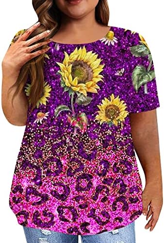 LILIRENER Womens Summer Plus Size Sequin Top Leopard Colorblock Short Sleeve O-Neck Loose Fit T-Shirts