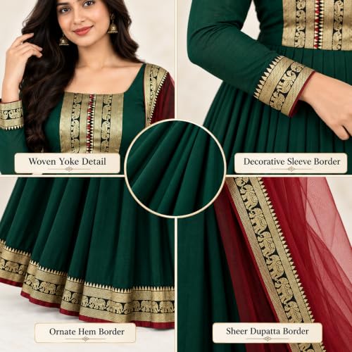 Image of Elegant Vichitra Silk Gown with Jacquard Zari Border - Includes Soft Net Dupatta with Lace Trim - Parrty Wear Ethnic Dress for Women & Girls