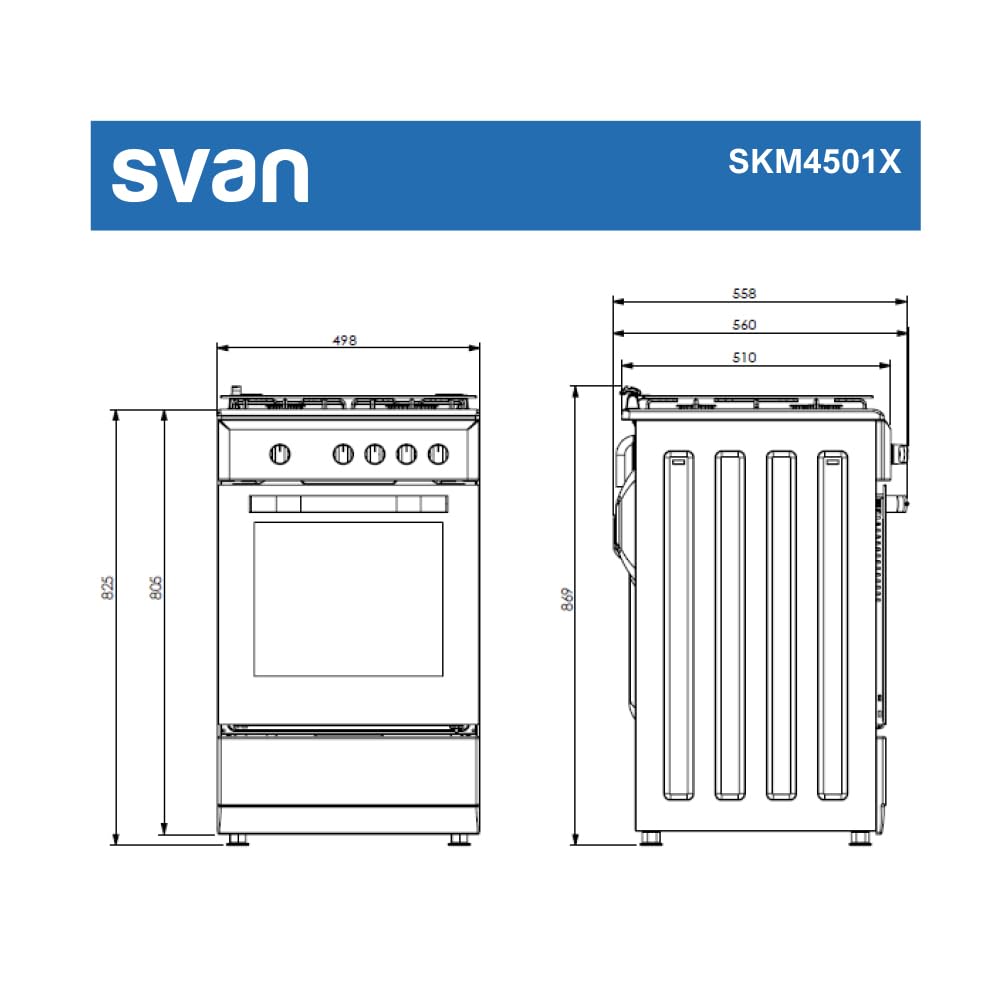Svan Cocina Mixta Gas Butano 4 Zonas de Cocción, Horno 48 L, Inox SKM4501X. Control Manual, 5 Programas de Cocción, Cristal en Puerta de Doble Capa, Tapa Abatible