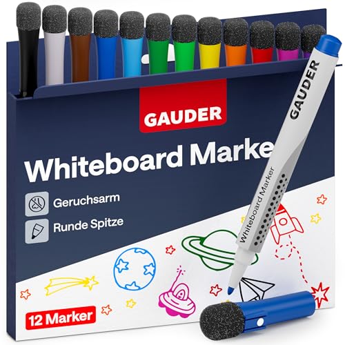 GAUDER Whiteboard Marker Set (12 Stück) | Whiteboard Stifte (12 Farben) | trocken und rückstandsfrei abwischbar | Dry Erase Marker mit Schwamm ideal für Whiteboards und Magnettafeln