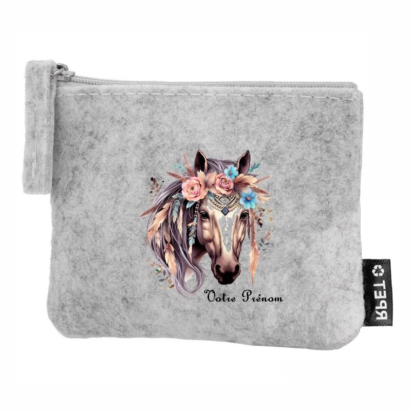Porte Monnaie en Feutrine Motif Cheval Boho Personnalisable