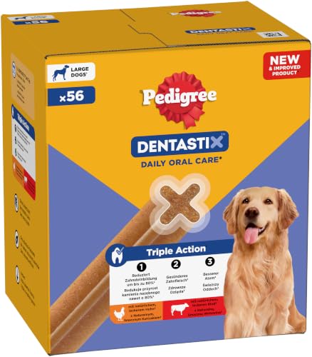 Pedigree DentaStix Hundesnack für große Hunde (25kg+), Zahnpflege-Snack mit Huhn und Rind, 1 Packung je 56 Stück (1 x 2.16 kg)