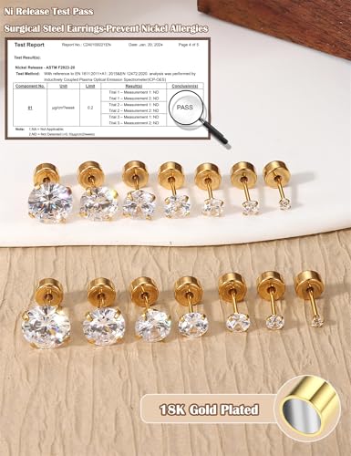 18K Gold Plated 5A Cubic Zirconia Threadless Flat Back Earrings - Surgical Stainless Steel Simulated Diamond Studs for Women & Men - Dainty Push Pin Cartilage Earrings - Hypoallergenic3