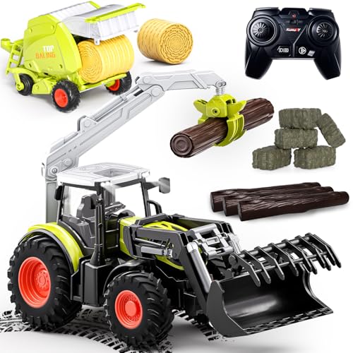 PENGBU RC Ferngesteuerter Traktor Ferngesteuert mit Anhänger, 2.4 GHz Traktor Spielzeug mit Ballenwagen und Holztransporter… – Ansicht 1