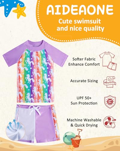 Image of AIDEAONE Girls Rash Guard Swimsuit Short Sleeve Two Piece Bathing Suit Size 3-12T