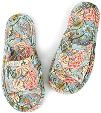 LOOPUINHOM Floral Velvet House Slippers for Women, Lightweight Open Toe Washable Portable Foldable Comfortable Guest Hotel Travel Airplane Spa Slippers Blue(7-8)