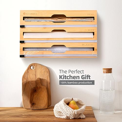 EZ-UNIQUE Bamboo 3in1 Wrap Organizer With Cutter For Foil, Wax Paper And Cling Wrap. Plastic Wrap Organizer, 3in1 Wrap Dispenser With Cutter For 12” rolls, Ideal For Kitchen Storage Organization