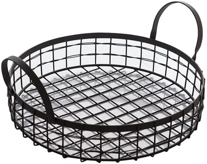 Handmade Fruit Bread Basket Round Antique Metal Tray with Handle Retro Desk Kitchen Storage Home (Black One Size) (Black One Size)