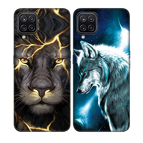 DiaryTown 2 Pack für Samsung A12 / M12 Hülle, Ultra Dünn Silikon Bumper Schutzhülle Stoßfest mit Muster Motiv Schwarz Handyhüllen Weich TPU Cover für Galaxy A12 / M12 - Wolf & Löwe Cover