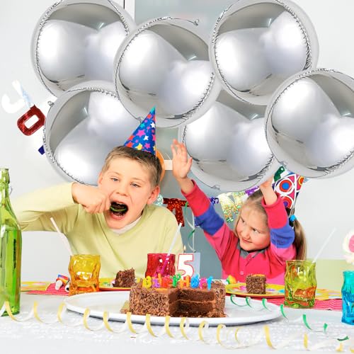 Image of silver balloons, 6-pack 22-inch metallic silver balloons partywoo balloons, 4D round silver chrome balloons for silver birthday party decoration, silver foil balloons silver metallic balloons
