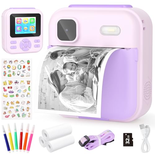 YOHOOLYO Macchina Fotografica Bambini Istantanea 2.4 Pollici, 1080P HD con scheda SD da 32GB, 6 penne colorate e 3 rotoli di carta da stampa, regalo per bambini da 3 a 14 anni-Viola
