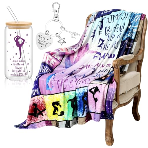 SmoothNovelty 3 Pcs Gymnastics Gifts for Girls Gymnastics Stuff Blanket 16 oz Tumbler Keychain Gifts Women Birthday Fleece Soft Flannel Warm Throw Blankets 60 x 50 Graduation Team Gift