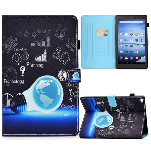 Case for Kindle Fire HD 10, PU Leather Folio Stand Card Slots Cover with Auto Sleep/Wake Case for Amazon Kindle Fire HD 10 9th/7th/5th Generation 2019/2017/2015 Released, Blue Bulb
