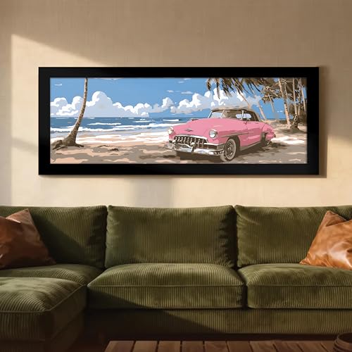 Image of PAINTINGMANTRA Summer Beach View with Vintage Pink Car Wall Art Framed Luxury Paintings for Home Decoration, Living room, Bedroom and Office Decoration (99x38 CM)