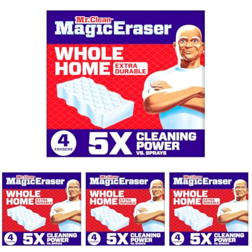 Image of Mr. Clean Magic Eraser Sponge, All Purpose Cleaner, Cleaning Scrubber, Wall, Sneaker, Kitchen, Bathroom, Shower Cleaner, Supplies, Melamine Sponge, Cleaning Pads, Extra Durable, 4 Count (Pack of 4)