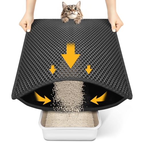 Cat Litter Mat Compact Size 23.6'x14.6' for Small Spaces, Upgrade Waterproof Leakproof Back Layer, Honeycomb Trapping Mat, Washable, Easy to Clean, Scatter Control Kitty Litter Matt, Black