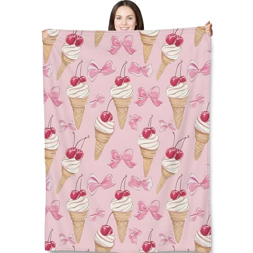 Ice Cream Cone Throw Blanket for Adults Kids, 50x60 in, Pink Cherry Dessert and Bow Theme Flannel Blankets for Bedroom, Couch, Travel, Home Decor, Fuzzy Soft Cozy Warm Gifts