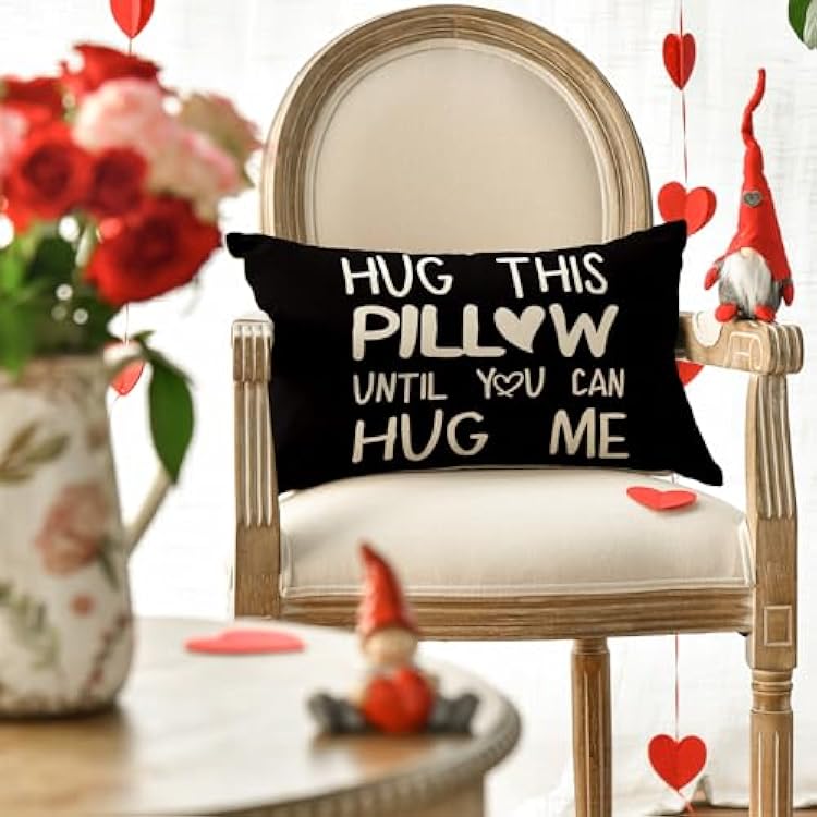 AVOIN colorlife Hug This Pillow Until You Can Hug Me Valentine's Day Black Throw Pillow Cover, 12 x 20 Inch Anniversary Boyfriend Girlfriend Birthday Gifts Cushion Case Decoration for Sofa Couch