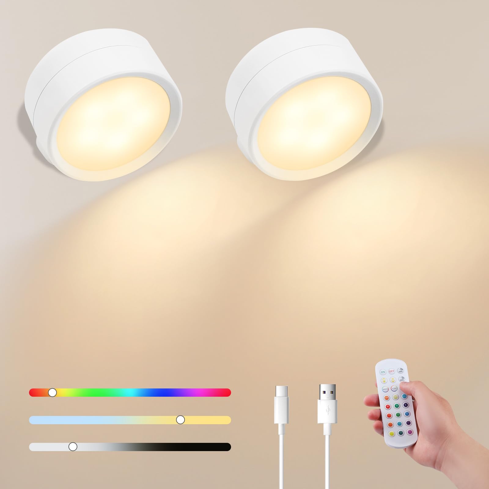 QCXWCJWD LED Wall Lights Indoor 2 Pack, Rechargeable Battery Operated Wall Lights, 360° Rotatable Magnetic Bedside Lamp with Remote & 12 RGB & Dimmable Wall Sconces for Living Room Bedroom