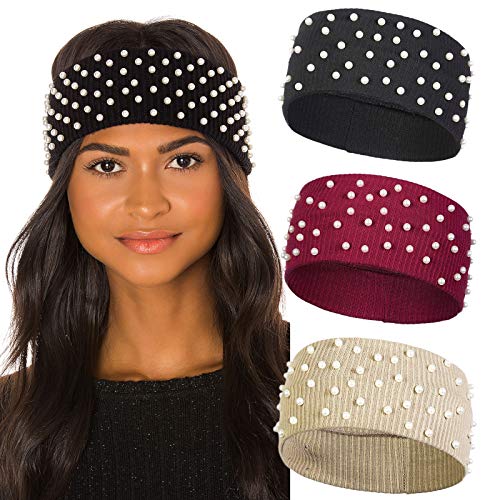 Winter Pearls Elastic Knitted Headband - 3 Pcs knitted Hairband Ear Warmer Solid Color Corchet Head Wrap for Women and Girls (Wine red+Light brown+Black)