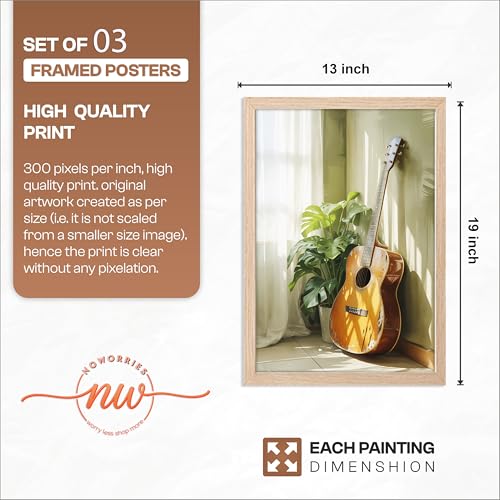 Image of NoWorries Modern Aesthetic Wall Art Framed Painting Set of 3 | Vintage Record Player, Coffee Book & Acoustic Guitar Prints with Frame | Cozy Lifestyle Music Decor Frames for Living Room, Bedroom and Studio, Minimal Contemporary Framed Artwork Ready to Hang (Art-7, 13x19inch, Wooden)