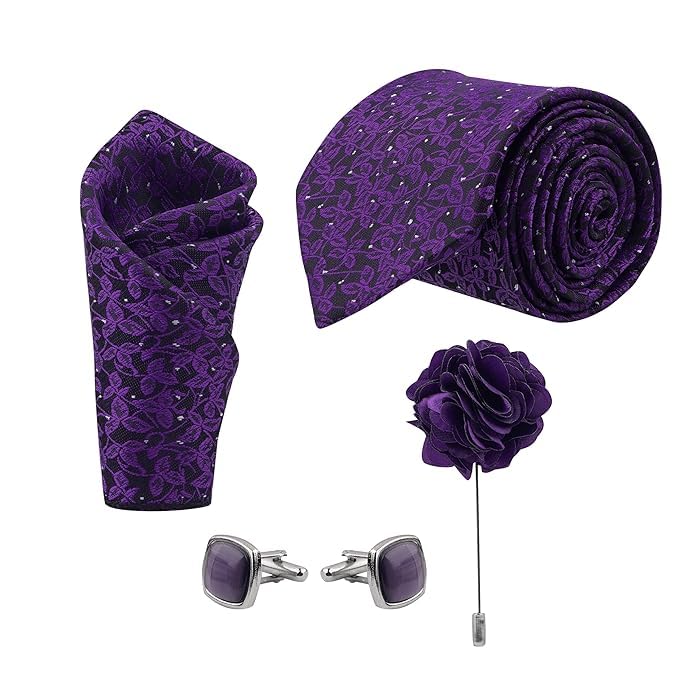 calixto Men'S Purple Color Floral Print Ties, Micropoly Formal Necktie With Pocket Square, Silky Feel (Pack Of 4).-picture-38